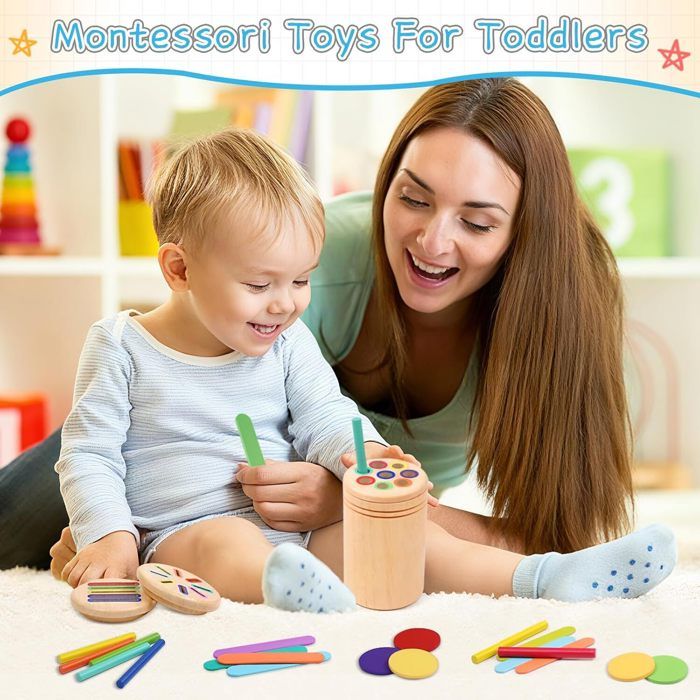 TEBOKHAD Jeux Montessori 3 Ans, 3 en 1 Jouet Enfant 3 4 Ans, Apprendre Les Couleurs Jeu Educatif 3 4 Ans avec Sac De Rangement, Jeux Voyage, Jeux Montessori 3 Ans, Cadeau Fille Garcon