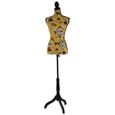 Buste de couture feminin sur pieds hauteur regable mannequin fee deco vitrine fibre de verre jaune avec des fleurs-0