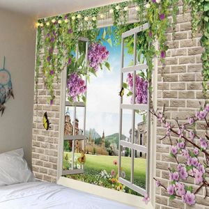 TENTURE Tapisserie Tenture murale Fenêtre mur fleurs herbe