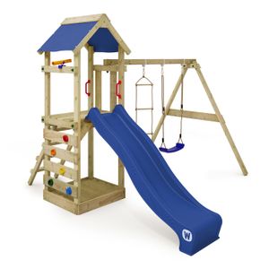 STATION DE JEUX WICKEY Aire de jeux Portique bois FreeFlyer avec balançoire et toboggan bleu Maison enfant extérieure avec bac à sable