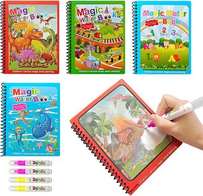 Lot De 4 Livres De Coloriage Magique à L'eau – 15x18.8 Cm, Réutilisables, Avec 4 Stylos