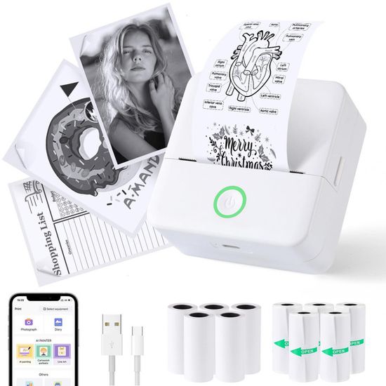 Bisofice Imprimante Thermique Portable 58mm 2 Pouces Mini Imprimante de Poche Mobile avec 1 Rouleau de Papier Thermique USB & Connexion Sans Fil Compatible avec Windows/Android/iOS pour Bureau
