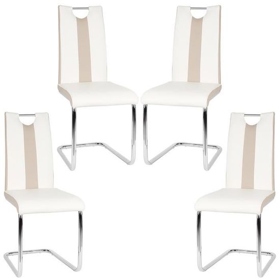 Lot de 4 chaises de salle à manger en métal - Revêtement simili Blanc et Beige - Chaise Confortable Contemporain