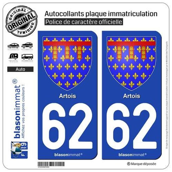 Autocollants plaque immatriculation Auto 62 Artois - Armoiries ...