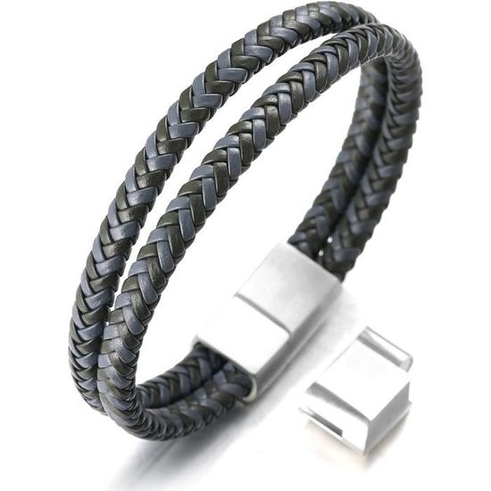 Bracelet Cuir Homme Tressé Main – Manchette Noire Ou Brune Avec Fermoir Magnétique Gravé, Bijou Classique Élégant En Boîte Cadeau