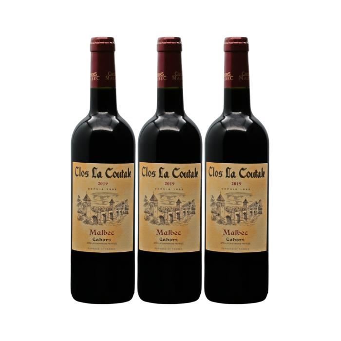 Cahors Clos de la Coutale Rouge 2019 - Lot de 3x75cl - Château de la Coutale - Vin AOC Rouge du Sud-Ouest - Cépages Malbec, Merlot