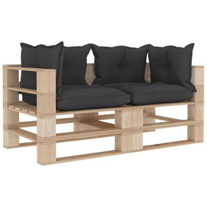 Luxueux Magnifique-Canapé palette à 2 places de jardin Jardin Patio Extérieur Salon avec coussins noir Bois