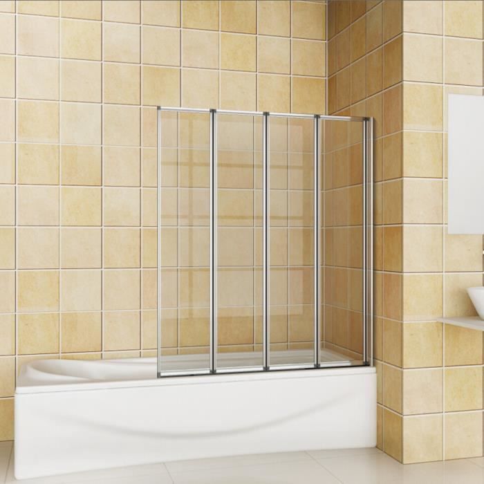 Pare baignoire, écran de baignoire, porte de baignoire, 4 volets pivotants pliants 180°, 4mm verre trempé, 100x140cm
