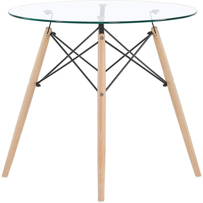 table salle à manger en verre ronde table de cuisine scandinave design, pieds en bois et armature en métal, 80x80x75cm