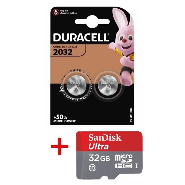 Pile CR2032 DURACELL lot de 2 piles lithium 3V CR 2032 3.0 Volts, pile plate bouton, capacité 180mAh avec étui pour Carte Bancaire
