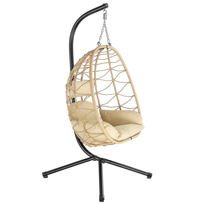 fauteuil suspendu en osier couleur crème - armature - balançoire suspendue intérieur extérieur - chaise à oeufs - salon jardin