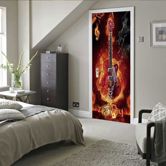 Autocollant Porte 3D Dragon Oriental - 90x215cm, Autocollant Mural PVC Amovible - Décoration Maison, Style Japonais, Vagues Rouges
