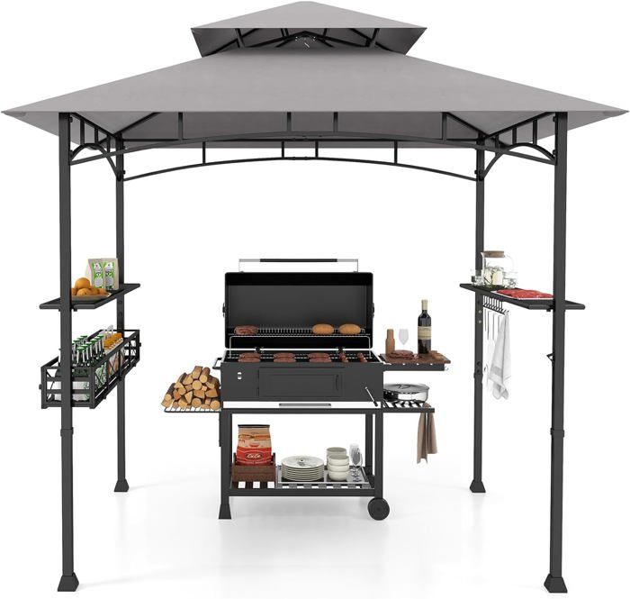 GOPLUS Tonnelle pour Barbecue avec Auvent Latéral Abri Barbecue Extérieur avec Dessus à 2 Niveaux Crochets 242x126x250CM