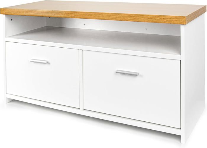 Meuble TV Leomark Classic Duo - 99,5x39,5x39,5cm - Blanc Et Bois - 2 Tiroirs - Élégant Et Fonctionnel
