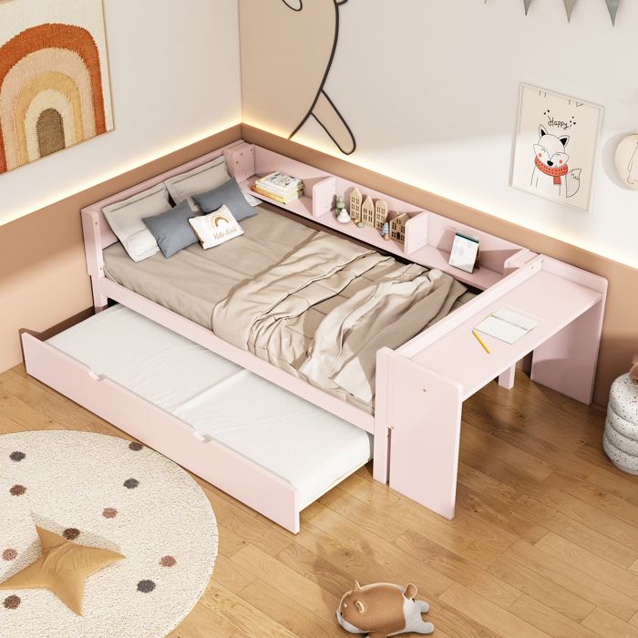 Structure de lit Nouveau Premium sense 90 * 200cm lit plat avec lit tiroir avec Bureau trois étagères à côté du lit rose