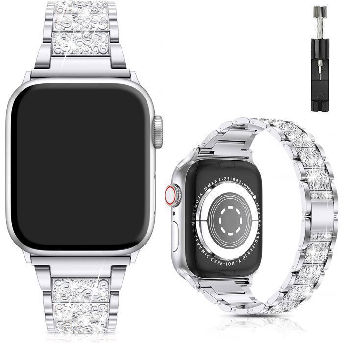 Stravo Bracelet montre métal bijou Luxury Diamond Apple Watch 40/41/42mm Series 4-12 SE 1-3 – Réglable – Argent