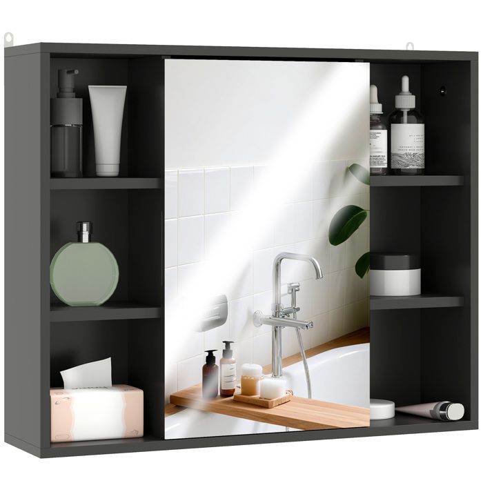 Meuble salle de bain avec miroir - HOMCOM - placard à portes et 6 compartiments ouverts - 60 x 145 x 494 cm - noir