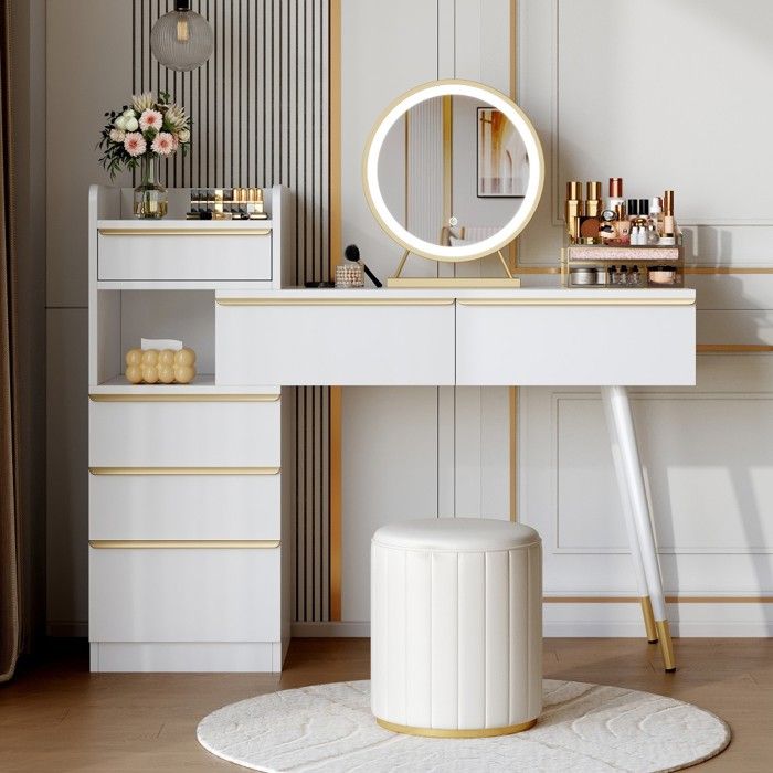 Coiffeuse blanche 6 tiroirs plateau extensible miroir LED lumière variable poignées dorées 102x100x41.5cm(sans Tabouret)