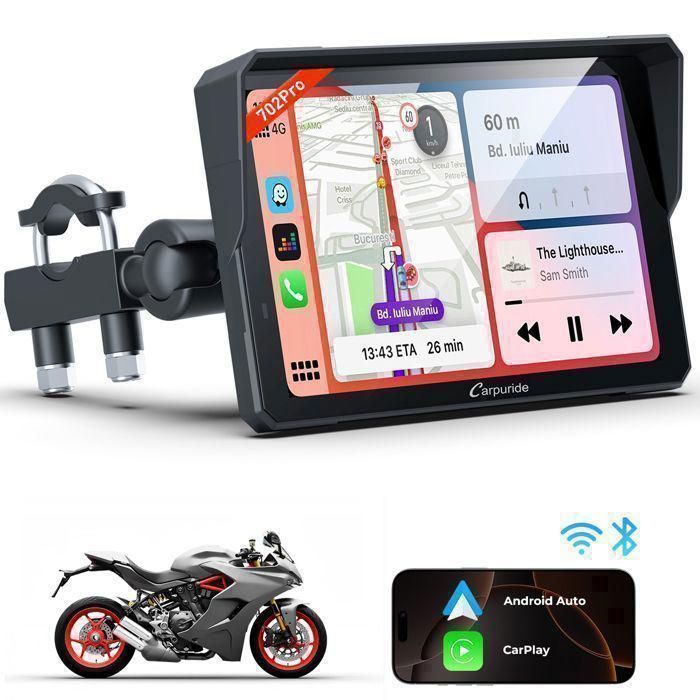 CARPURIDE W702 Pro Autoradio Écran Carplay Moto avec Interphone Fonction sans Fil Carplay et Android AutoBaromètre Boussole