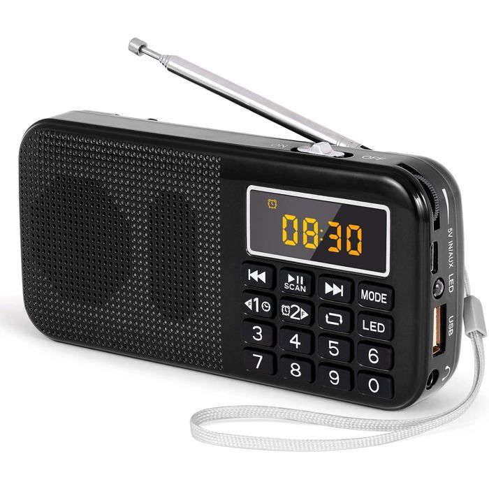 Radio Portable Radio FM avec Batterie Rechargeable de Grande Capacité (3000mAh) Prise en Charge MP3 / SD/USB/AUXNoir
