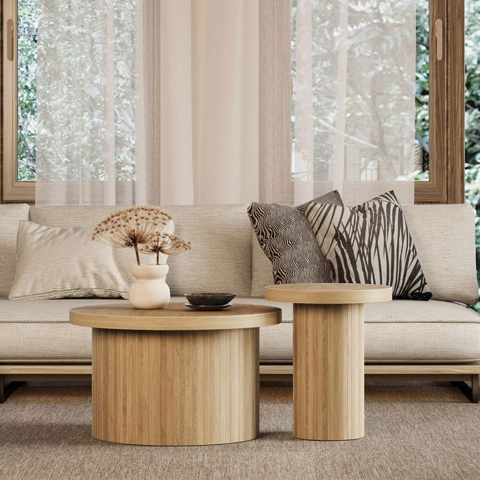 Table basse double table ronde table dappoint avec lattes en bois naturel. Table de salon multifonctionnelle