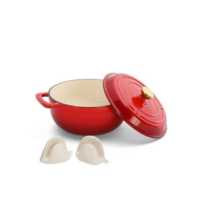 Cocotte - ALIGHTUP - Cocotte Fonte Émaillée ronde Avec 2 Gants de Cuisine en Silicone 28cm - Dégradé rouge