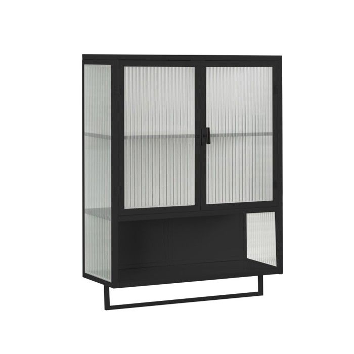 Armoire murale 2 portes verre 60cm rangement fermé 2 niveaux étagère ouverte porte-serviettes noir entrée salon salle de bain Armoire murale 2 portes verre 60cm rangement fermé 2 niveaux étagère ouverte porte-serviettes noir entrée salon salle de bain