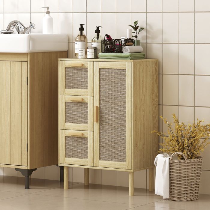 Armoire meuble de rangement style bohème avec 3 tiroirs et 3 étagères façade rotin tissé compact 55 x 30 x 82 cm