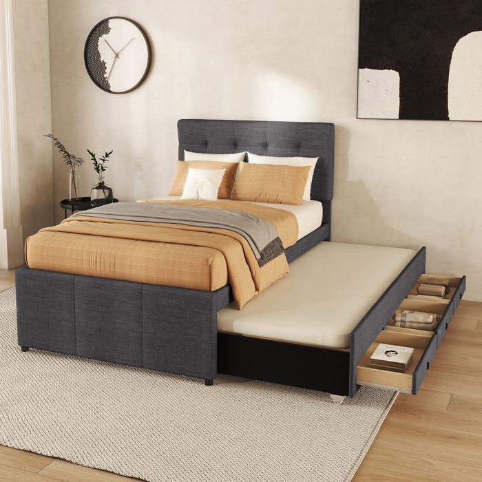 Lit avec rangement 90x200 cm en lin gris avec 3 tiroirs et lit gigogne – tête de lit réglable