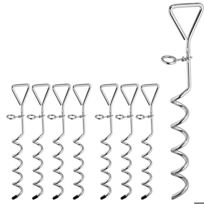Piquet kit ancrage spirale lot de 8 forme tire-bouchon tente trampoline acier chien 42 cm argenté