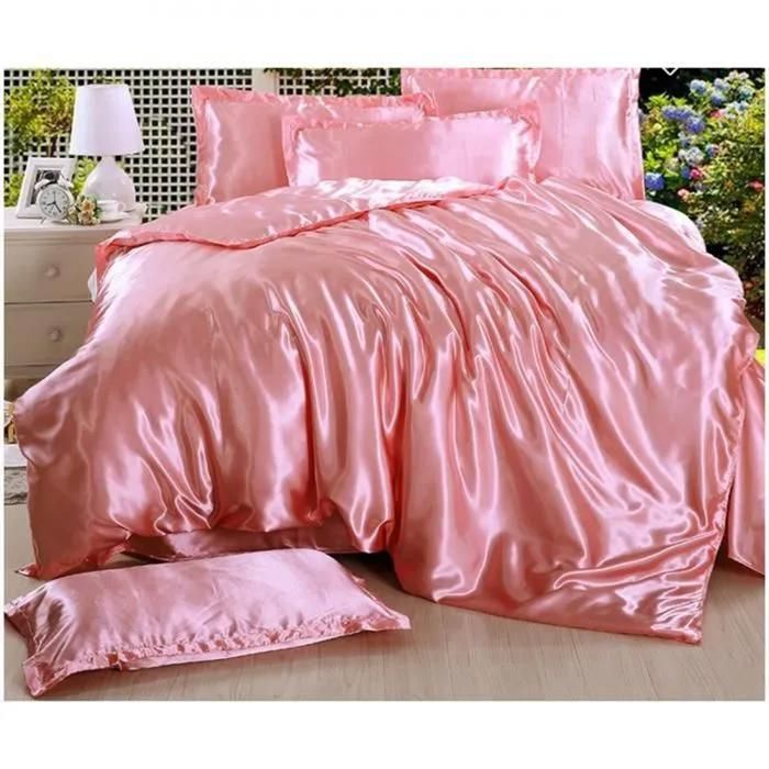 Parure de Lit 4 Pièce Housse de Couette en Soie 220 x240cm Drap de Lit 230x240cm avec 2 Taies dOreiller 48x74cm Luxe Pâle-Pink