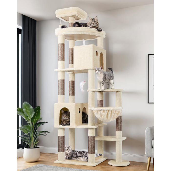 Meilleurs prix pour Arbre à chat XXL - HOLISANE - 213 cm - 2 grandes niches - Plate-forme festonnée 55x45 cm - Perchoir rembourré 360°