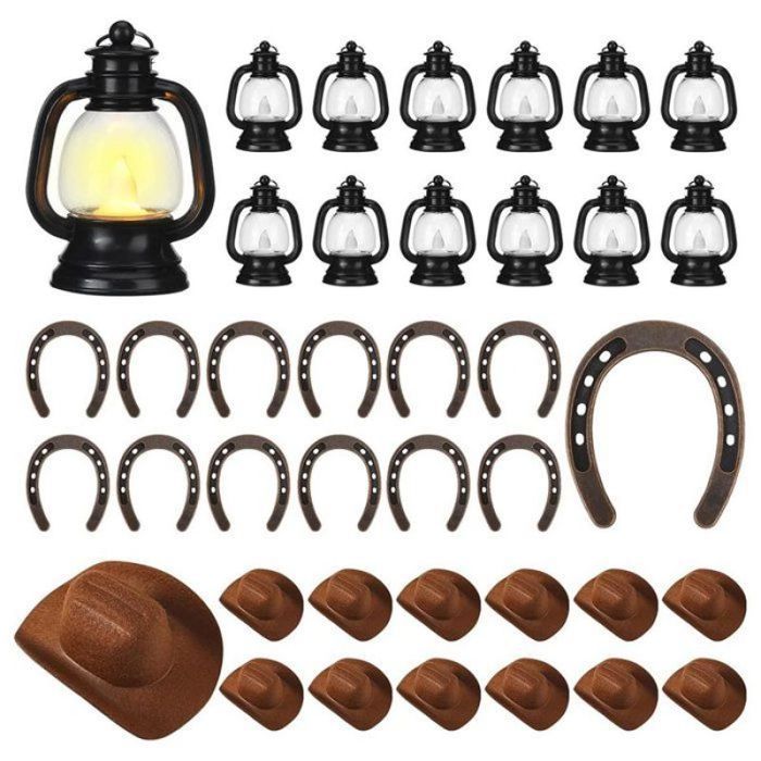 36 Mini Lanternes Décoratives Western pour Fête de Cow-Boy: 12 Lanternes avec Bougie 12 Fers à Cheval Suspendus 12 Chapeaux de Cow
