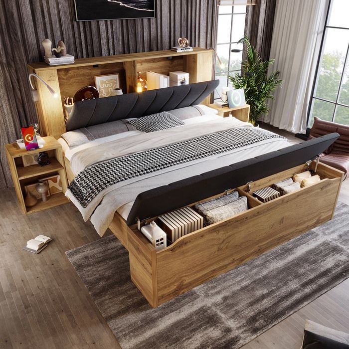 Lit 180x200 cm avec lampes de lecture Deux tables de chevet Lit double avec Port USB Tête de lit rabattable revêtue et Rangement