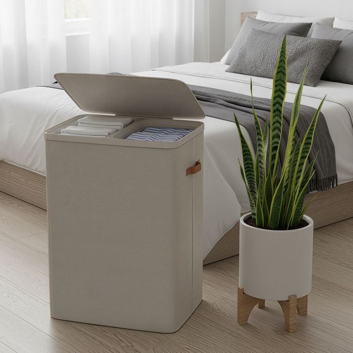 Panier à linge collecteur de linge 170 L à 2 compartiments trieur de linge avec couvercle et poignées beige