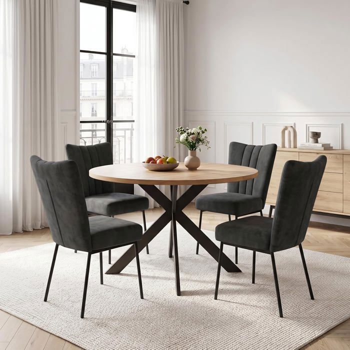 JIEXI Ensemble table et 4 chaises de salle à manger rondes modernes avec plateau en MDF et pieds en métal noir