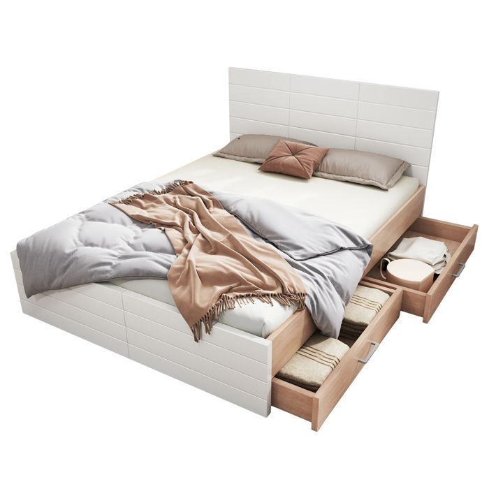 ULEVR lit double 160 x 200 cm blanc et chêne clair avec sommier à lattes et 2 tiroirs 207 x 80 x 165 cm