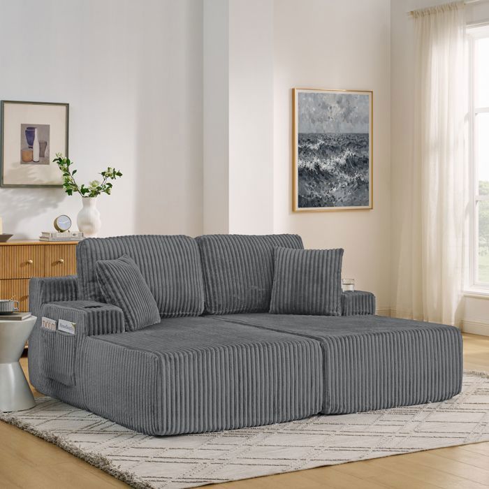 Canapé convertible 2 places en tissu côtelé gris avec porte-gobelet