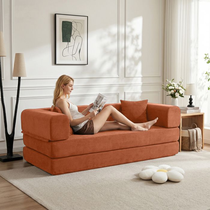 Canapé Lit Convertible 3 Places Pliable avec Accoudoirs Réglables - ELVMI - Velours Côtelé Fin Orange 200 × 100 × 70 cm