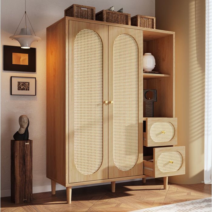 Armoire de chambre style campagne EVRYAE 120 x 44 x 161 cm avec 2 portes 2 tiroirs etagere ouverte et tringle