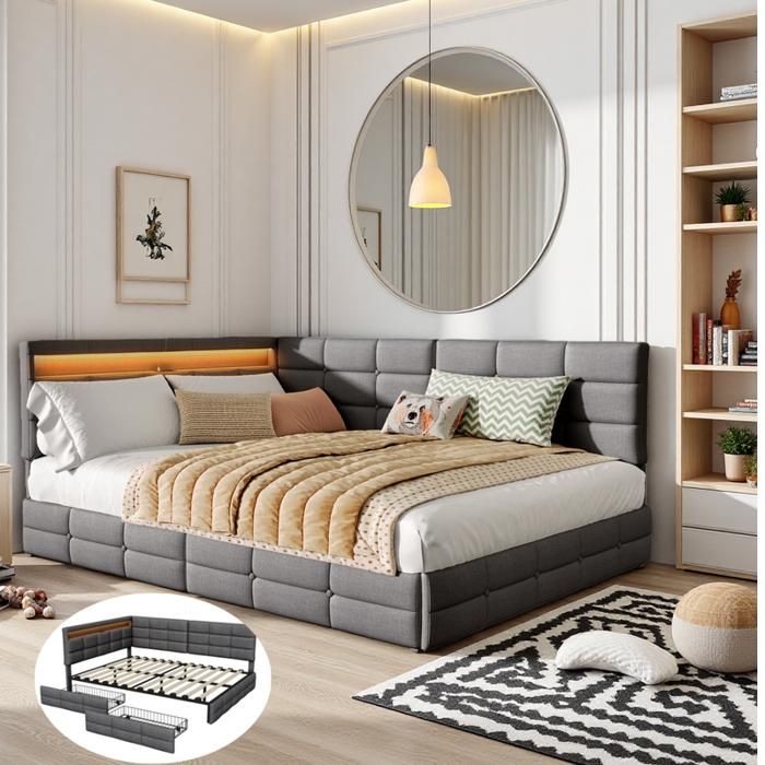 Lit Double 140x190cm avec 2 Tiroirs Canapé Lit avec LED et USB Tête de Lit d’Angle Capitonnée Sommier à Lattes Lin Gris