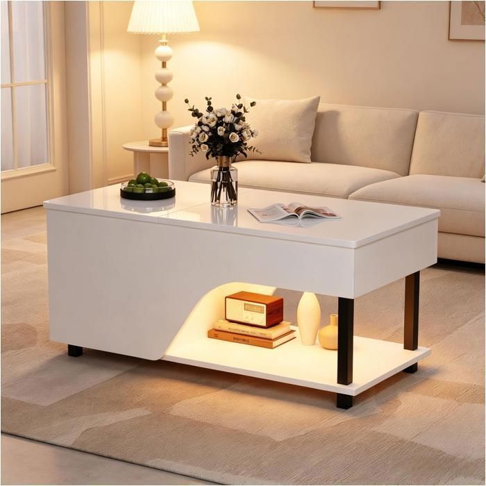 Table basse relevable LED 100x50x46-60 cm avec rangement caché étagères réglables et plateau brillant - Blanc