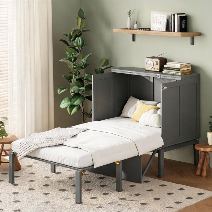 Lit armoire vertical 90x200 cm en bois gris froid avec sommier à lattes intégré