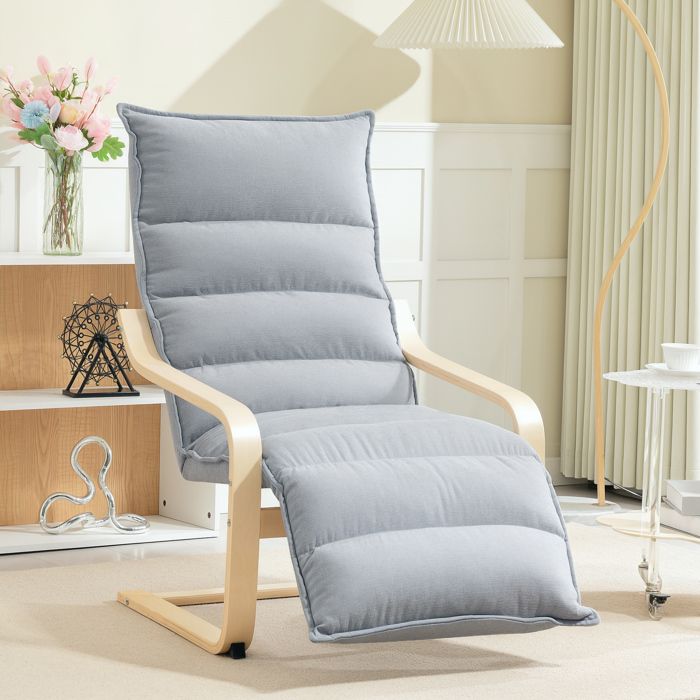 Fauteuil lounge - Bois de bouleau gris clair - Repose-pieds 5 positions - Dossier haut - Tissu velours respirant