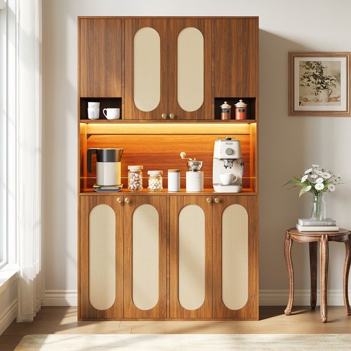 Armoire Cuisine avec Rotin PE Buffet Haut Vaisselier avec éclairage LED 8 Portes Grand Espace de Rangement 106×40×178cm