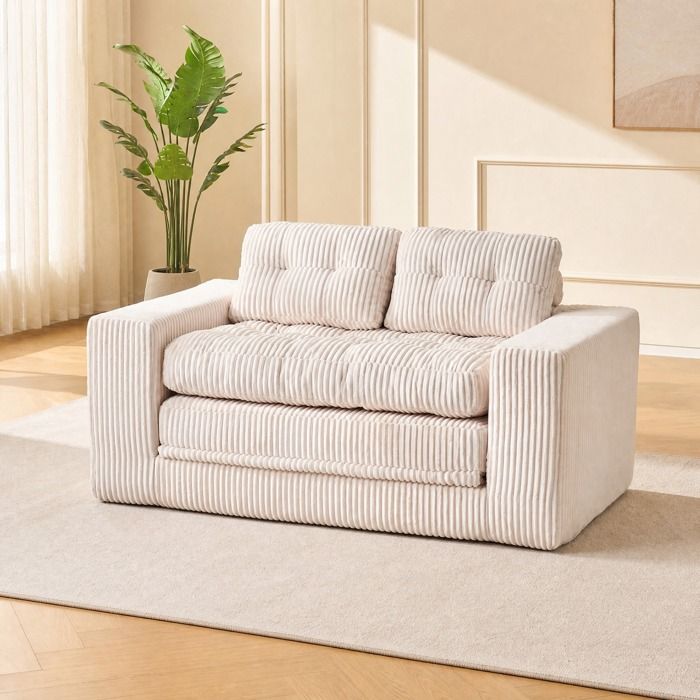 Canapé-lit 2 places convertible en lit tissu corduroy beige mousse sans montage