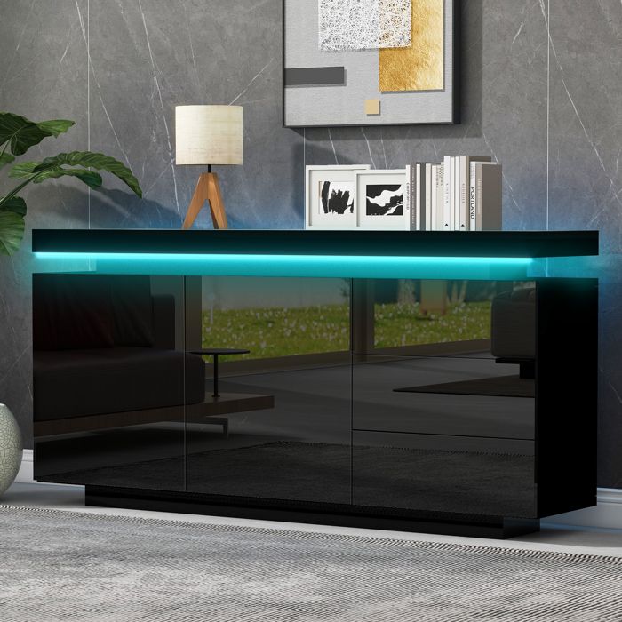 Buffet moderne avec LED - Finition brillante - Lumières LED intégrées - Dimensions 140x35x72.5 cm - 2 portes 3 tiroirs