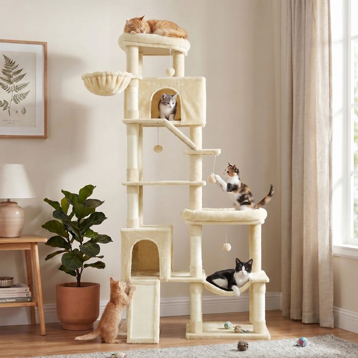 Arbre à Chat XXL à 6 Niveaux avec Poteaux en Sisal et Griffoir 105 x 45 x 202 cm Beige