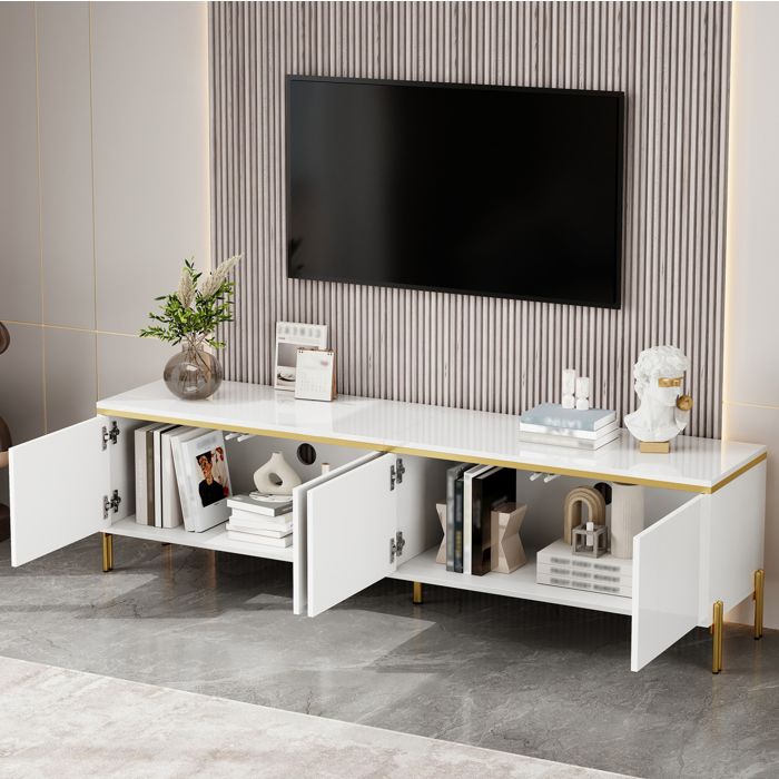 Meuble TV Blanc Brillant 4 Portes Banc TV Moderne FloraGrace Pour Salon Avec Passe-Câbles Et Rangement 170x38x50cm