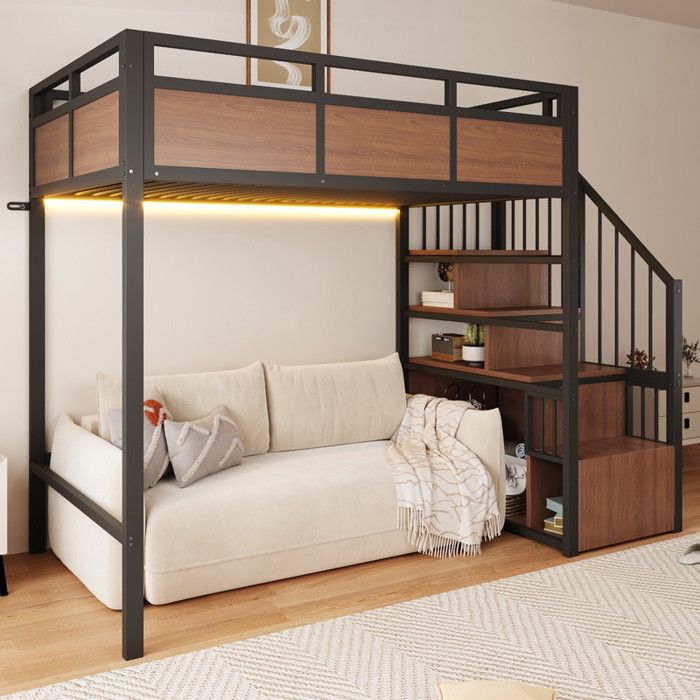 Luscriate - Lit mezzanine 90x200 cm lit en fer avec LED échelle de rangement et barrière haute métal et bois - noir